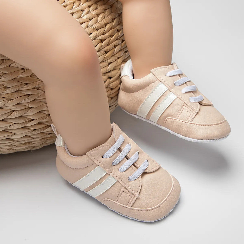 Indoor stripe 6M-18M design PU leather breathable non slip fabric bottom baby sneaker Pink 